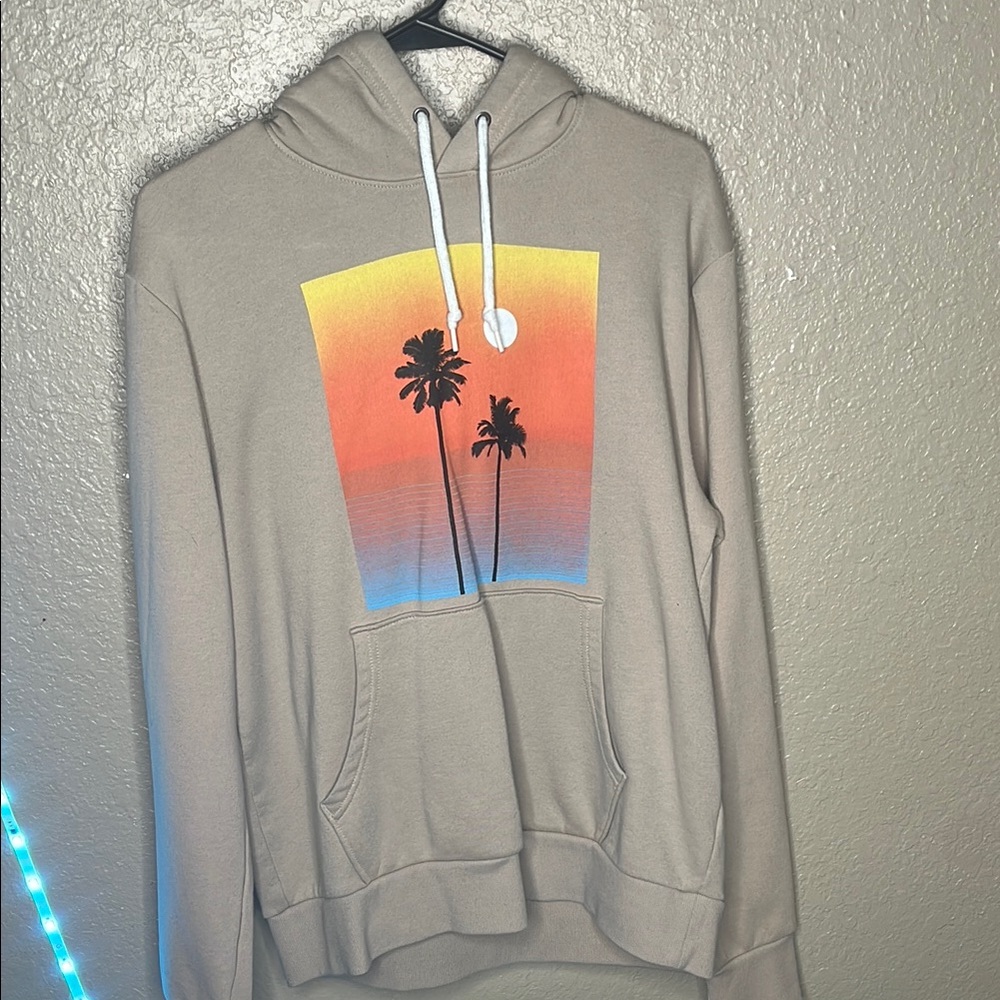 Tan Hoodie with Palm Tree Sunset Design